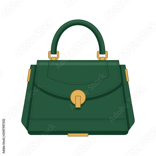 Elegant Green Leather Handbag with Gold Accents on White Background Minimalist Style