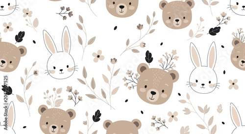 Pattern of Cute Seamless Woodland Bears and Bunnies with Floral Elements for Baby Nursery Decor