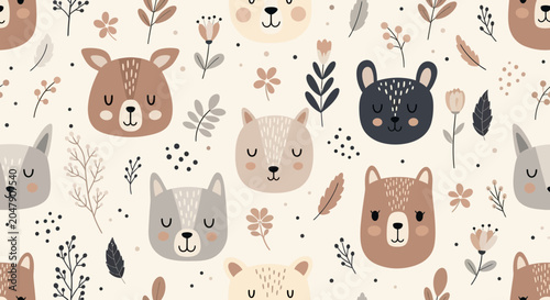 Pattern of Adorable Seamless Woodland Animal Faces and Botanical Elements Perfect for Childrens Textile Designs