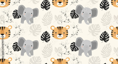 Pattern Featuring Cute Cartoon Jungle Animals and Leaves Ideal for Childrens Fabric