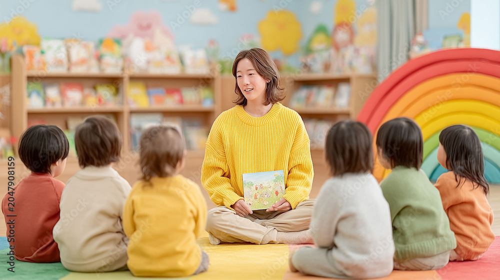 Fototapeta premium Engaging moment of a Korean preschool teacher reading a storybook to attentive children on a colorful classroom rug. Bright decor, high-resolution photography, perfect for educational and child concep