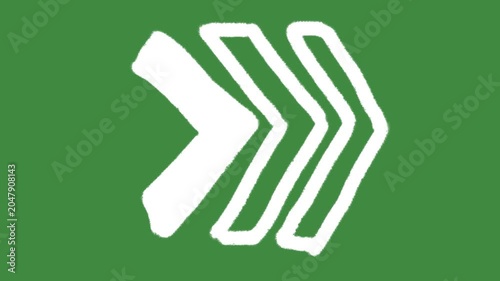 Fast forward chevron arrow hand-drawn cartoon graphic with chalk outline double skip icon isolated on green screen background for navigation pointer line art element concept.