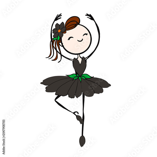 Cute stick figure ballerina in a black flower tutu, passe pose from Flower Ballerina series, PNG transparent background
