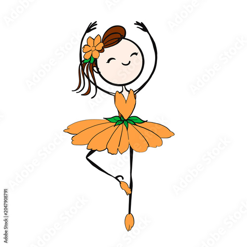 Cute stick figure ballerina in an orange flower tutu, passe pose from Flower Ballerina series, PNG transparent background