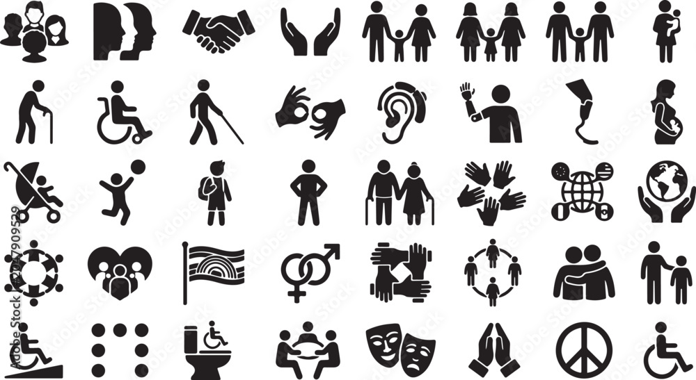 Obraz premium Black silhouettes of people with disabilities and social issues icons on white background