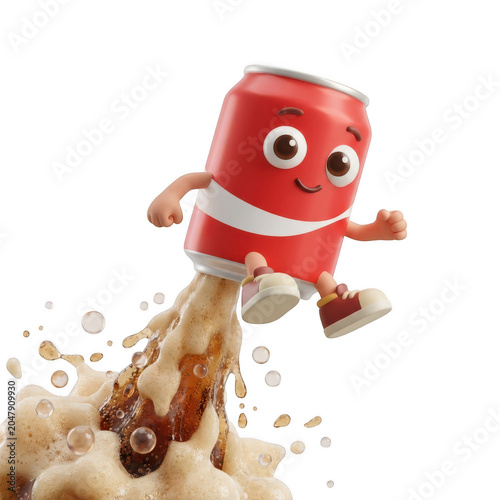 Cartoon Soda Can Character Flying With Fizzy Drink Splash isolated on transparent background