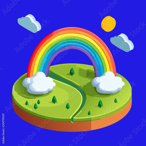 Quadro su tela Isometric rolling green hills tile with a winding path under a magnificent vibra