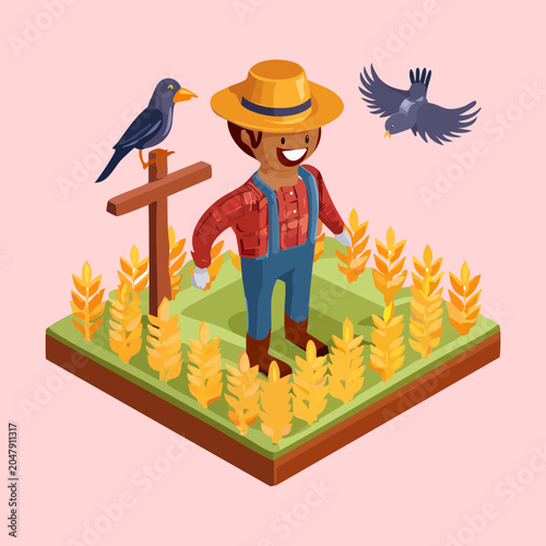 Schilderij op canvas Isometric countryside farm tile with a smiling male scarecrow in a golden grain