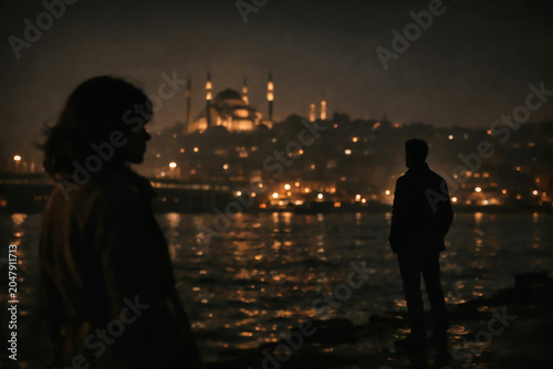 Atmospheric nighttime view of Istanbul waterfront with silhouetted figures and the illuminated Blue Mosque reflected on the Bosphorus under moody city lights.