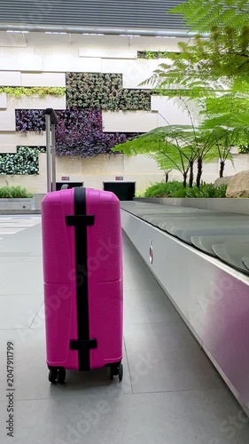 Pink luggage near baggage carousel in Changi Airport arrived hall for baggage claim and traveling insurance business concept. Empty conveyor belt. Checked baggage, travel by aircraft. Vertical footage