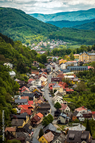 View of historic Štramberk and surrounding hills in the Czech Republic.
