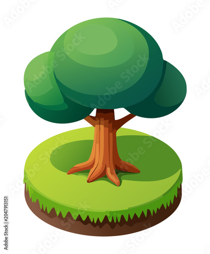 Konstfotografi Isometric lush green broadleaf tree illustration with rounded canopy on small gr