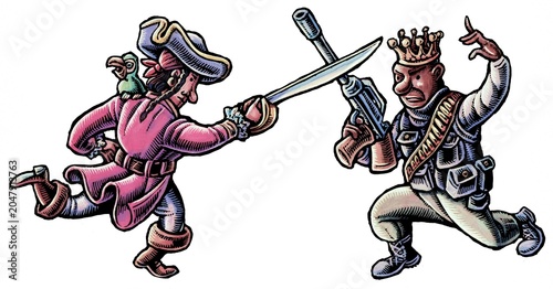 Foto sword fight between pirate and modern black soldier wearing a crown