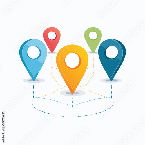 Group of colorful location pins connected by lines