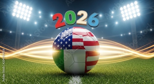 Soccer Ball with USA, Mexico, and Canada Flags on Stadium Field with 2026 Text