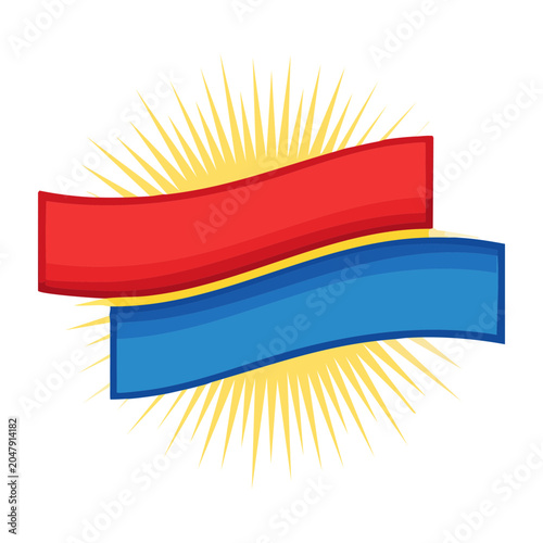 Red and blue ribbon banner with yellow sunburst