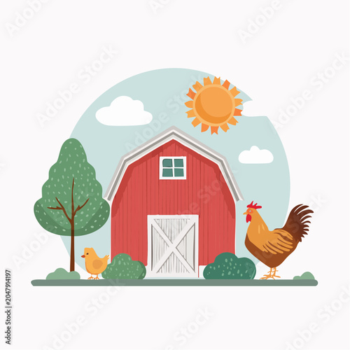 Red barn with chickens and tree under sunny sky