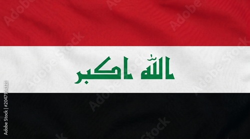 National flag of Iraq with red, white, and black stripes, green Arabic script “Allahu Akbar” symbolizes faith, unity, sovereignty, and Pan-Arab heritage across history.