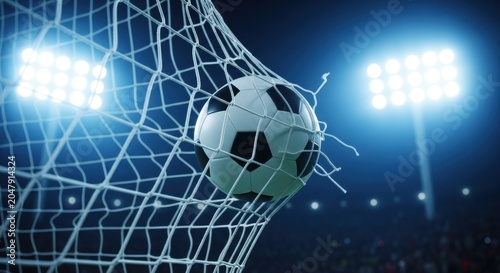 Soccer Ball Breaking Through Goal Net with Bright Stadium Lights
