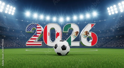 2026 Soccer World Cup with USA, Canada, Mexico Flags on Stadium Field