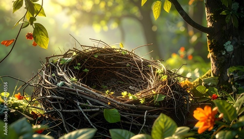 A serene forest scene featuring an empty bird's nest nestled in lush greenery and vibrant flowers at sunrise