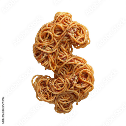 Spaghetti pasta dollar currency sign - Italian noodles business symbol isolated on white. Perfect alphabet for creative illustrations related to traditional cuisine, food, nutrition.