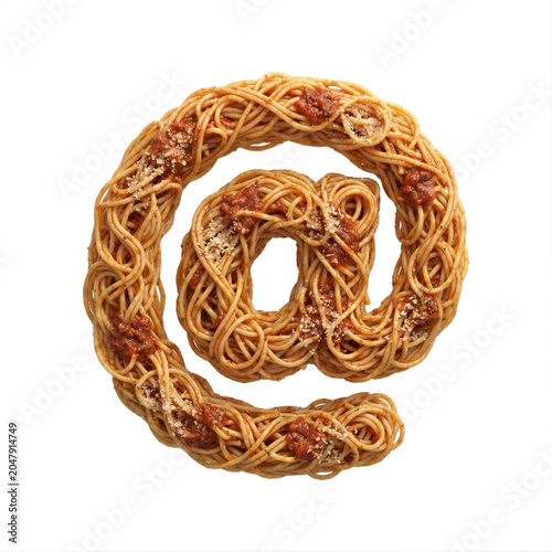 Spaghetti pasta email sign - Arobase symbol Italian noodles isolated on white background. Perfect alphabet for creative illustrations related to traditional cuisine, food, nutrition...