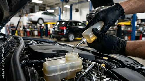 Professional mechanic in black nitrile gloves pouring clean brake fluid from a bottle into a car engine reservoir inside a busy automotive service station with vehicle lifts in the background.
