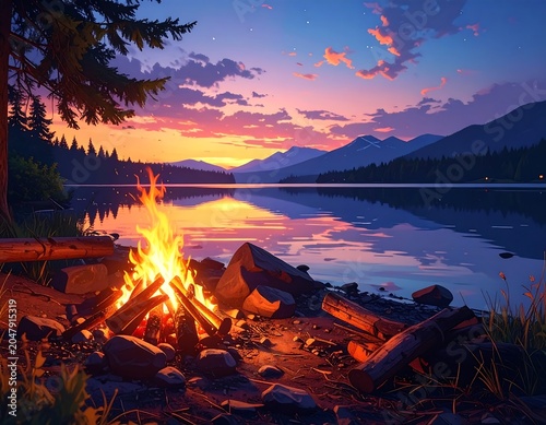 A serene lake scene at sunset with a campfire burning on the shore