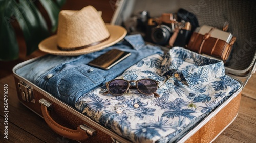 Open suitcase with travel clothes and accessories for vacation