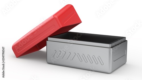 Metallic Grey Box with Red Lid. Isolated. White background. 3D render
