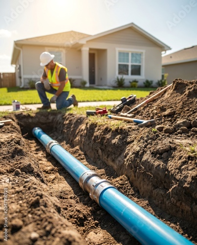 Blue water pipe installation in a residential garden trench