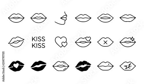 Modern lips and kiss outline icon collection with editable stroke vector illustrations