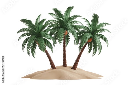 Three tropical palm trees growing on a small desert island sand dune isolated