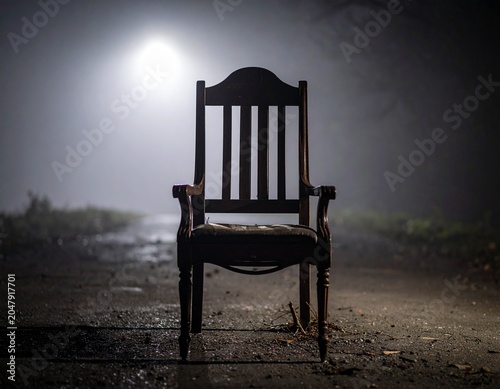 Abandoned wooden chair on foggy street at night creating eerie and mysterious atmosphere