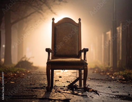 Abandoned wooden chair on foggy street at night creating eerie and mysterious atmosphere