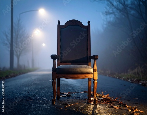 Abandoned wooden chair on foggy street at night creating eerie and mysterious atmosphere
