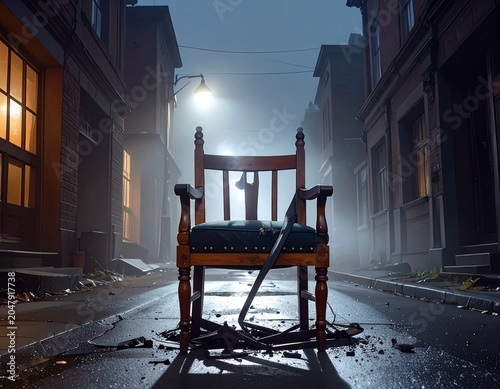 Abandoned wooden chair on foggy street at night creating eerie and mysterious atmosphere