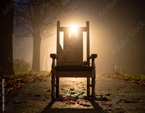 Abandoned wooden chair on foggy street at night creating eerie and mysterious atmosphere