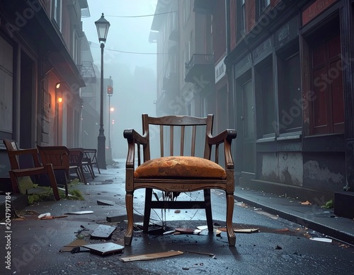 Abandoned wooden chair on foggy street at night creating eerie and mysterious atmosphere