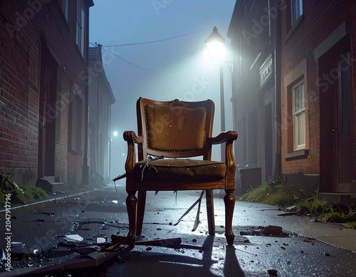 Abandoned wooden chair on foggy street at night creating eerie and mysterious atmosphere