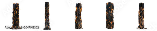 Tableau sur toile Collection of Five Burning Charred Wooden Pillars Isolated on White Background,
