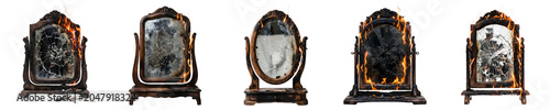 Tableau sur toile Collection of Five Antique Mirrors Engulfed in Flames Isolated on White Backgrou