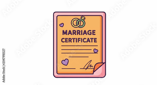 Marriage Certificate Document Icon with Rings and Hearts.