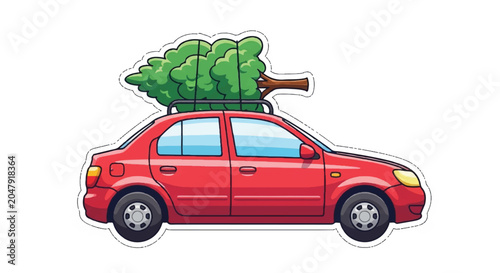 Red Car Transporting a Christmas Tree on Roof Rack.