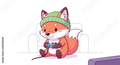 Cute cartoon fox playing video games on a couch.