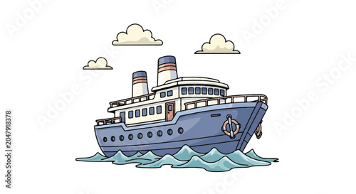 Illustration of a Blue Ferry Boat Sailing on the Ocean with Clouds.