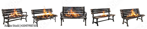 Tableau sur toile Set of Five Wooden Garden Benches Engulfed in Flames Isolated on White Backgroun