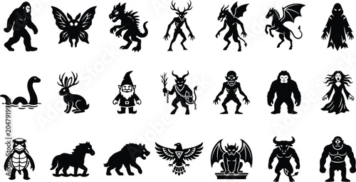 Cuadro en lienzo Cryptids and Mythological Creatures Silhouette Vector Icon Set