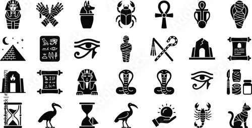 Obraz na plátně Ancient Egypt Culture and Mythology Silhouette Vector Icon Set